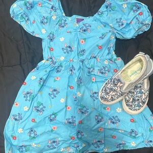 Blue Stitch Print Puff-Sleeve Dress with Matching Slip-On Shoes